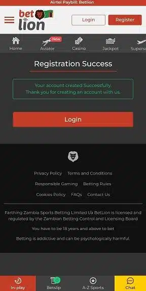 Betlion app registration success screen showing a confirmation message and a login button after successfully creating an account.