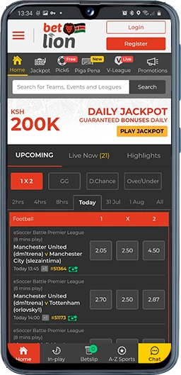 Mobile view of the Betlion app displaying football betting markets, including odds for upcoming Premier League matches and a daily jackpot promotion.