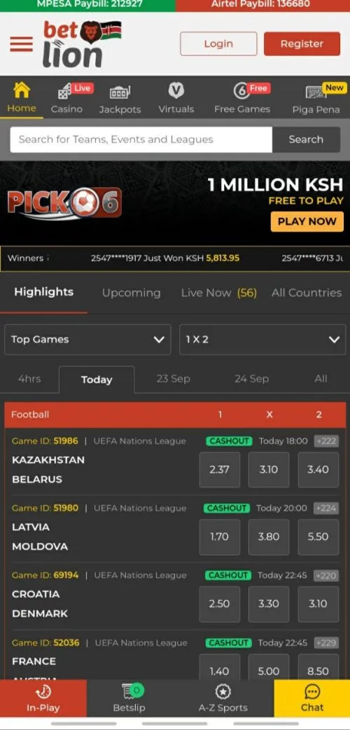 TScreenshot of the Betlion app showing live betting options, including football matches from the UEFA Nations League and a Pick 6 promotion for 1 million KSH.